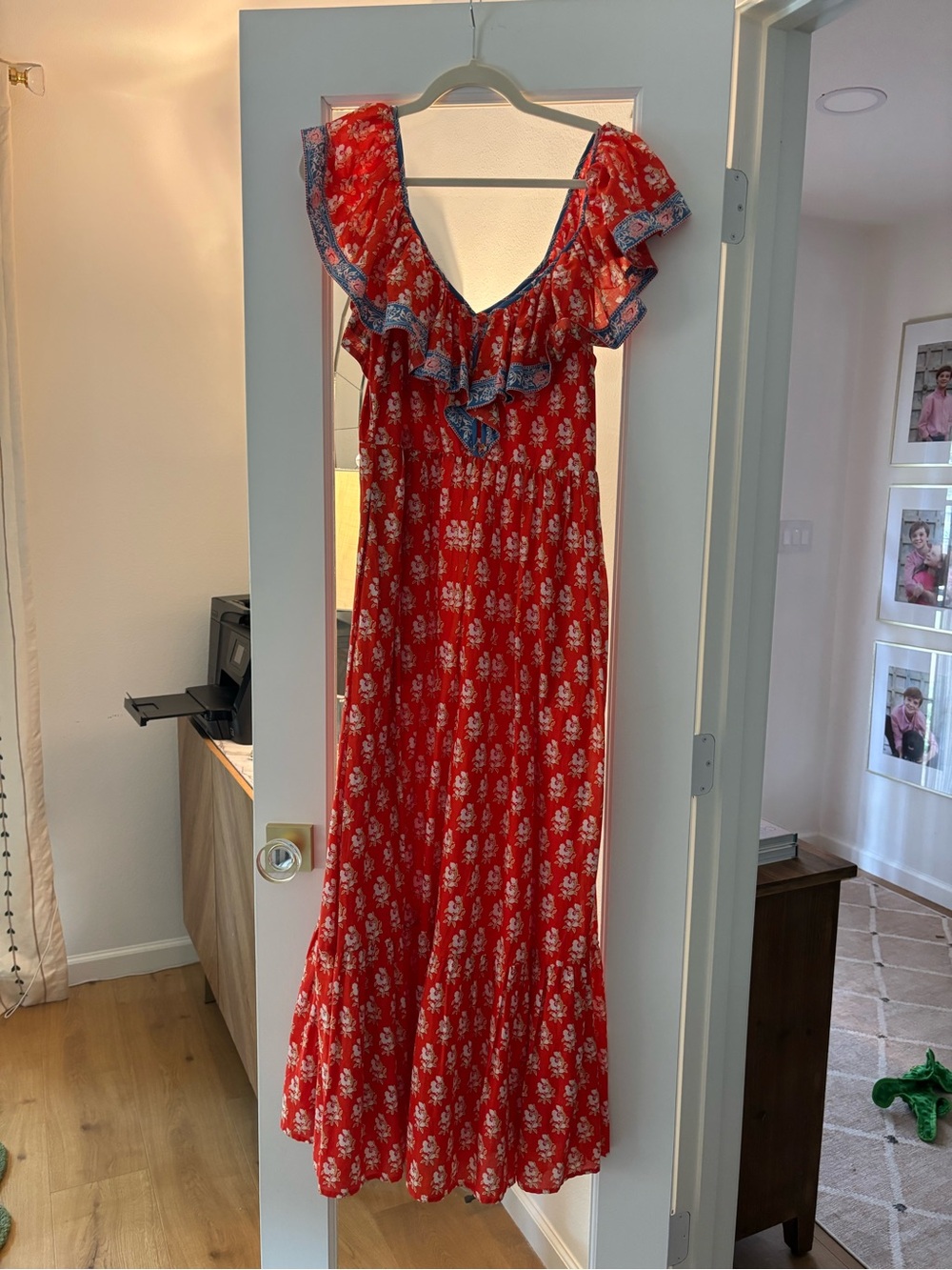 J. Crew Orange Floral Ruffle-Trim Maxi Dress with Blue Accents